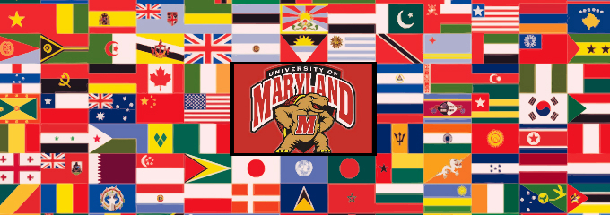 collection of international flags with the University of Maryland logo in the center above Muscle Testudo