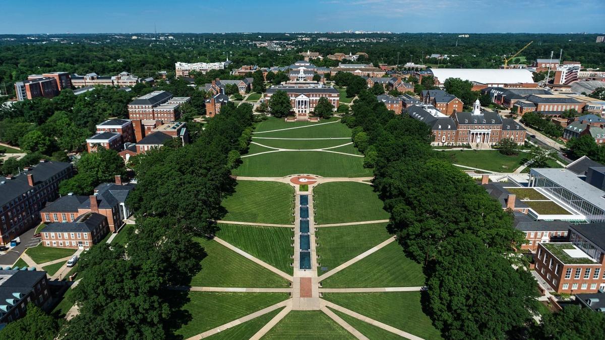 Aerial view of the University of Maryland Campus, looking over McKeldin Mall and toward McKeldin Library