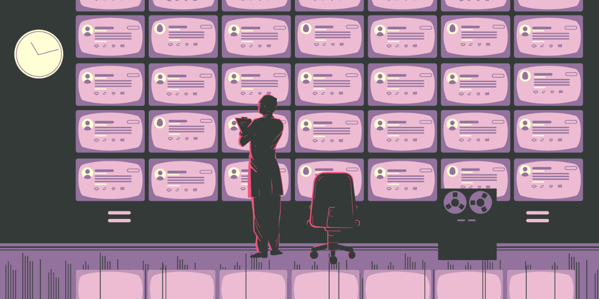 Animated man stands in front of a wall of screens
