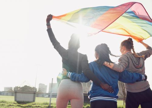 Three people holding up pride flag in the wind