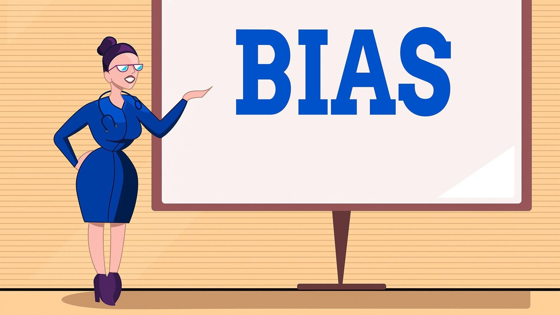 Animated female doctor standing in front of a sign reading 'BIAS'