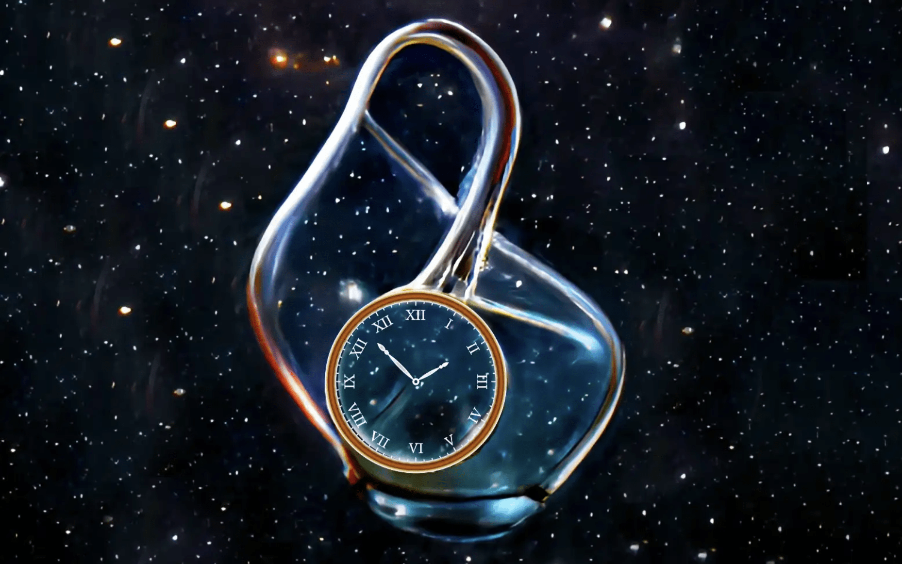 Clock inside amorphous blob on a backdrop of stars