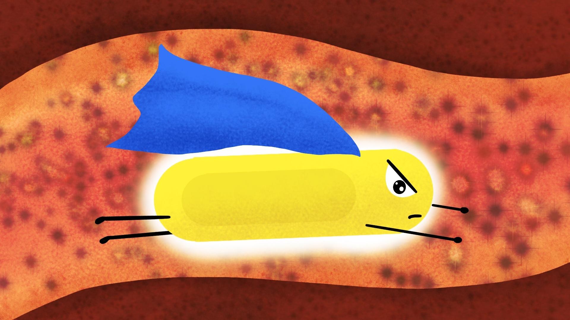 Illustration of a capsule wearing a cape inside the digestive tract