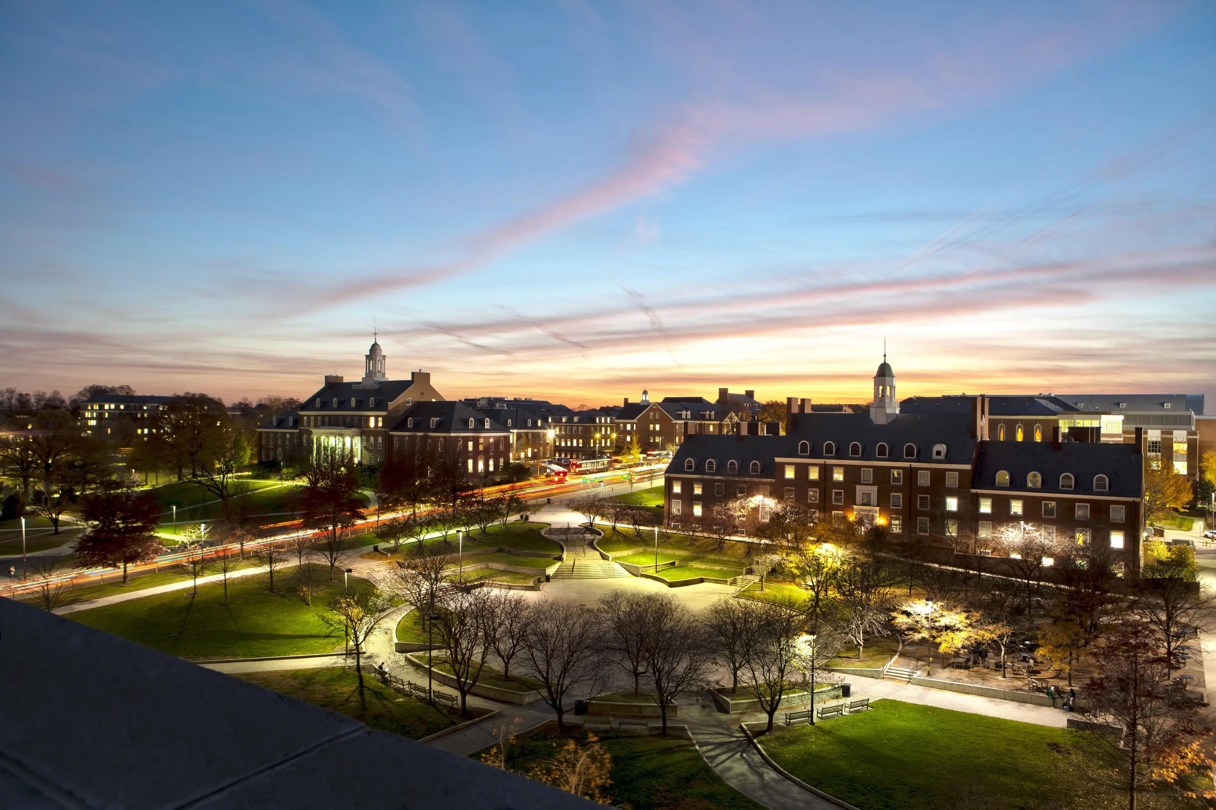 An image of Hornbake Plaza at sunset